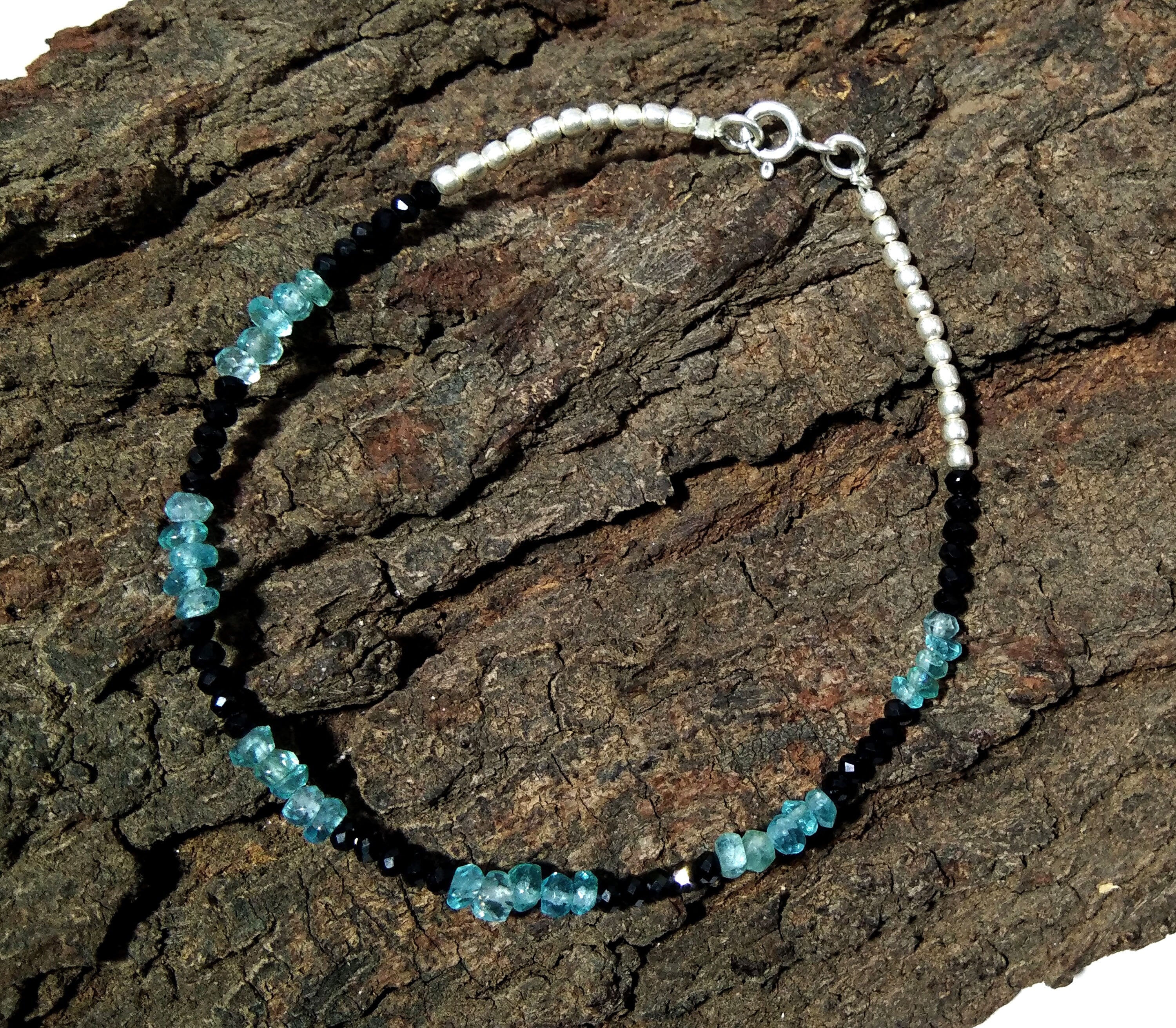 Apatite & Black Spinel Bracelet, Apatite Jewelry, Black Spinel Bracelet, May Birthstone, 925 Silver Wristlet Beaded Bracelet, Gift For Her